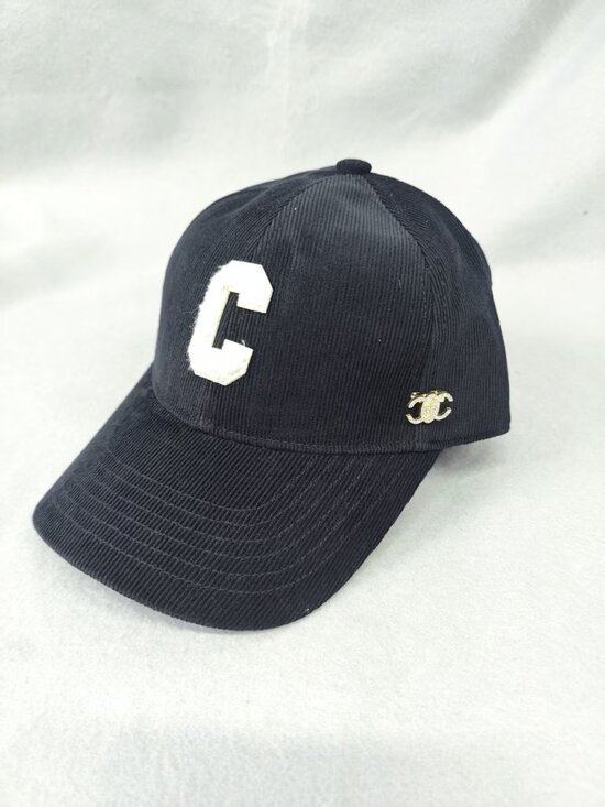 ? Celine Black Corduroy Baseball Cap White Frayed C Logo Rhinestone main image 5